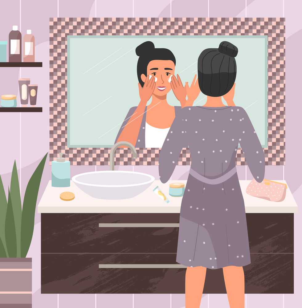 Woman using cosmetic cleansing gel to clean her face. Girl doing morning routine in the bathroom. Female character looking in the mirror and applying skin care product. Person washes her face. Woman using cosmetic cleansing gel to clean her face. Girl doing morning routine in the bathroom