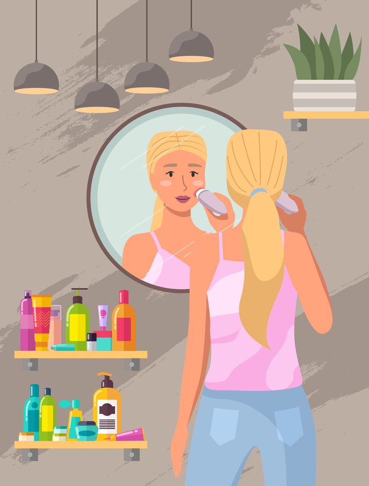 Woman uses equipment to cleanse and scrub her face. Girl is doing morning routine in the bathroom. Female character is looking in the mirror. Girl is holding an electric brush to clean her face. Woman uses equipment to cleanse and scrub her face. Girl doing morning routine in the bathroom