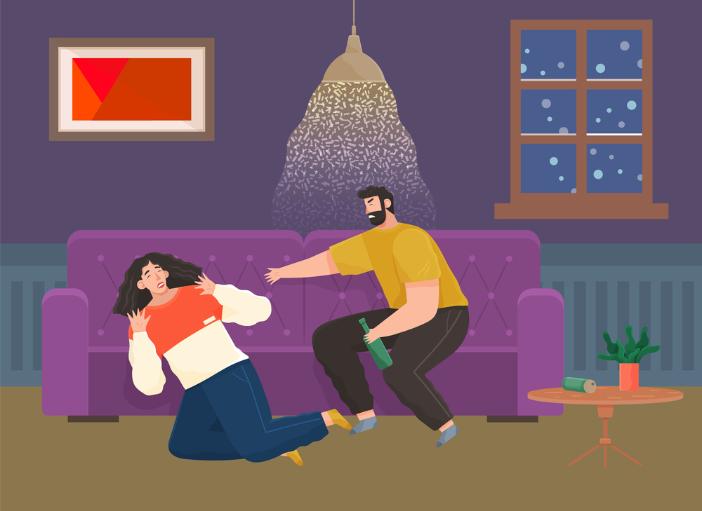 Drunk angry man scolding his wife while drinking booze. Arguing, reprimanding, having argument fight. Husband and wife breakup, parting and divorce. Family problems, couple conflicts. Marriage crisis. Drunk man scolding his wife while drinking booze. Arguing, reprimanding, having argument fight