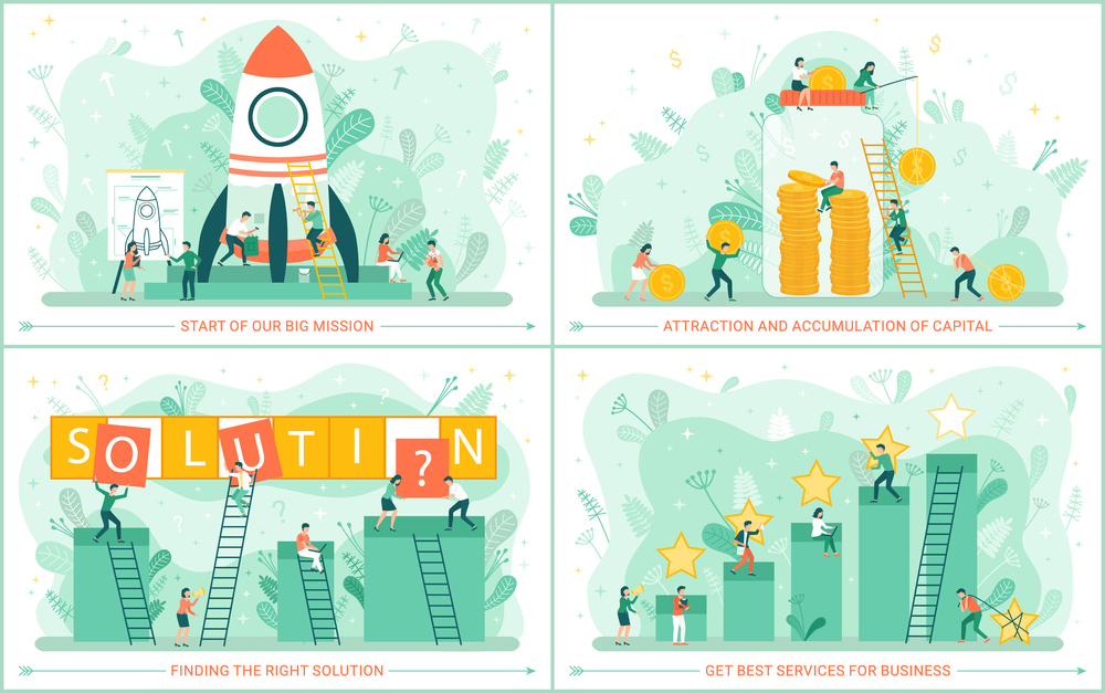 Set of illustrations about starting new project. Business startup, successful strategy concept. People work to attract investors and generate income. Rocket launch, rating system, capital accumulation. Set of illustrations about starting new project. Rocket launch, rating system, capital accumulation