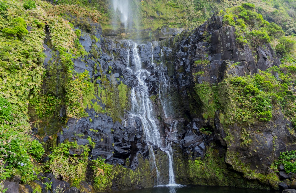 Azores waterfalls and cliffs in Flores island. Portugal.