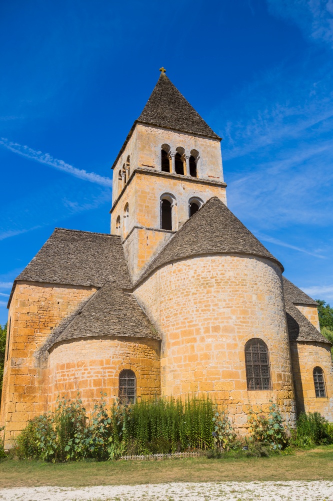 The Romanesque church (XIIth century), classified as a historical monument in Saint-Leon-sur-Vezere, Dordogne, France