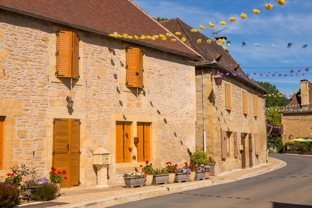Street with historical houses in Saint-Leon-sur-Vezere, Dordogne,France