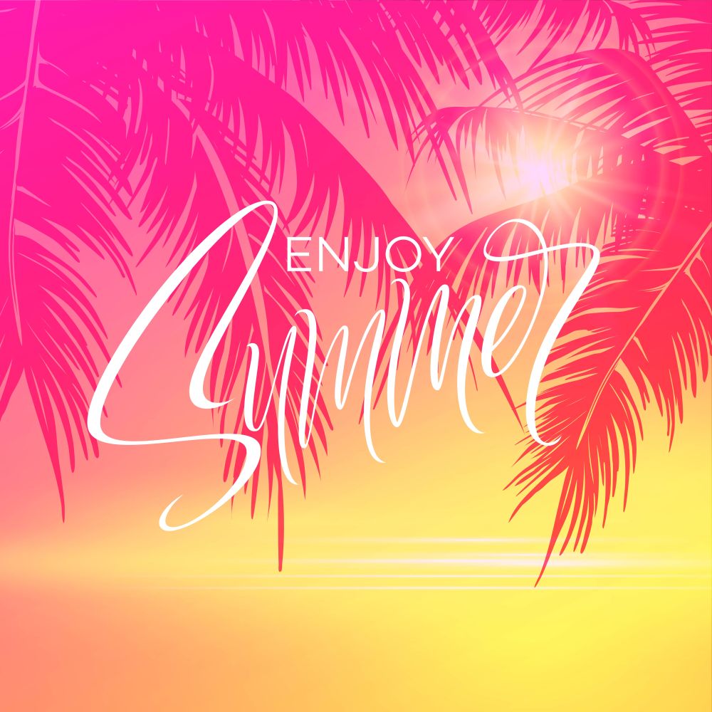 Summer lettering poster with palm trees background in pink colors. Vector illustration EPS10. Summer lettering poster with palm trees background in pink colors. Vector illustration
