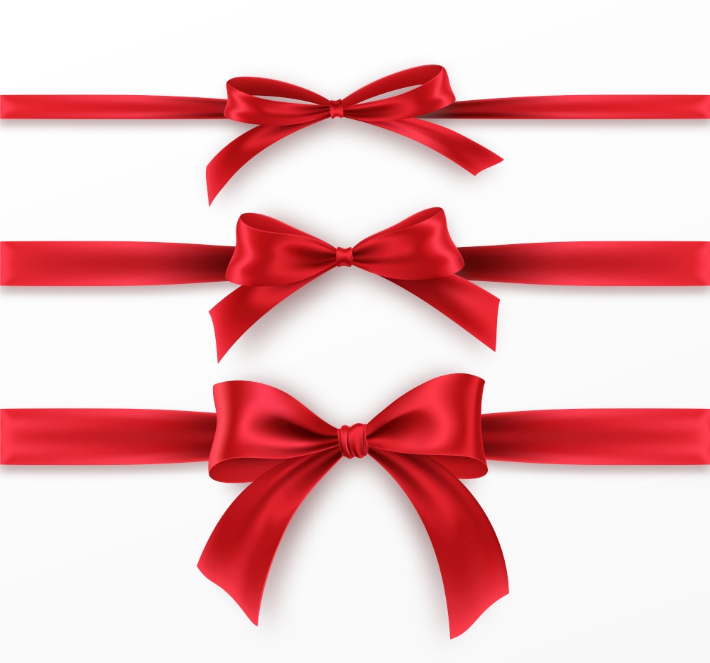 Set Red Bow and Ribbon on white background. Realistic red bow for decoration design Holiday frame, border. Vector illustration EPS10. Set Red Bow and Ribbon on white background. Realistic red bow for decoration design Holiday frame, border. Vector illustration