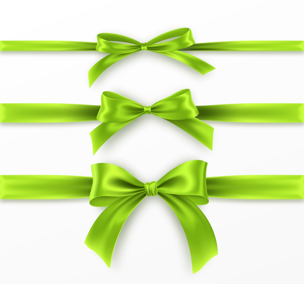 Set Green Bow and Ribbon on white background. Realistic green bow for decoration design Holiday frame, border. Vector illustration EPS10. Set Green Bow and Ribbon on white background. Realistic green bow for decoration design Holiday frame, border. Vector illustration