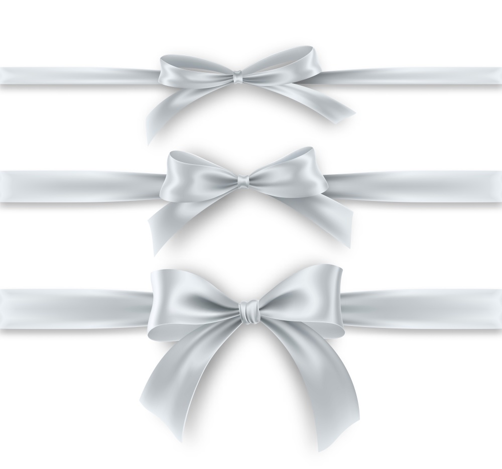 Set silver Bow and Ribbon on white background. Realistic silver bow for decoration design Holiday frame, border. Vector illustration EPS10. Set silver Bow and Ribbon on white background. Realistic silver bow for decoration design Holiday frame, border. Vector illustration
