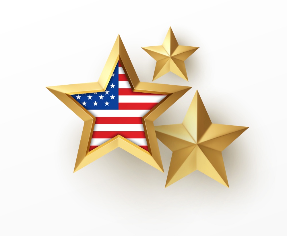 Golden realistic 3d star with American flag isolated on white background. Design element for patriotic American posters, cards. Vector illustration EPS10. Golden realistic 3d star with American flag isolated on white background. Design element for patriotic American posters, cards. Vector illustration