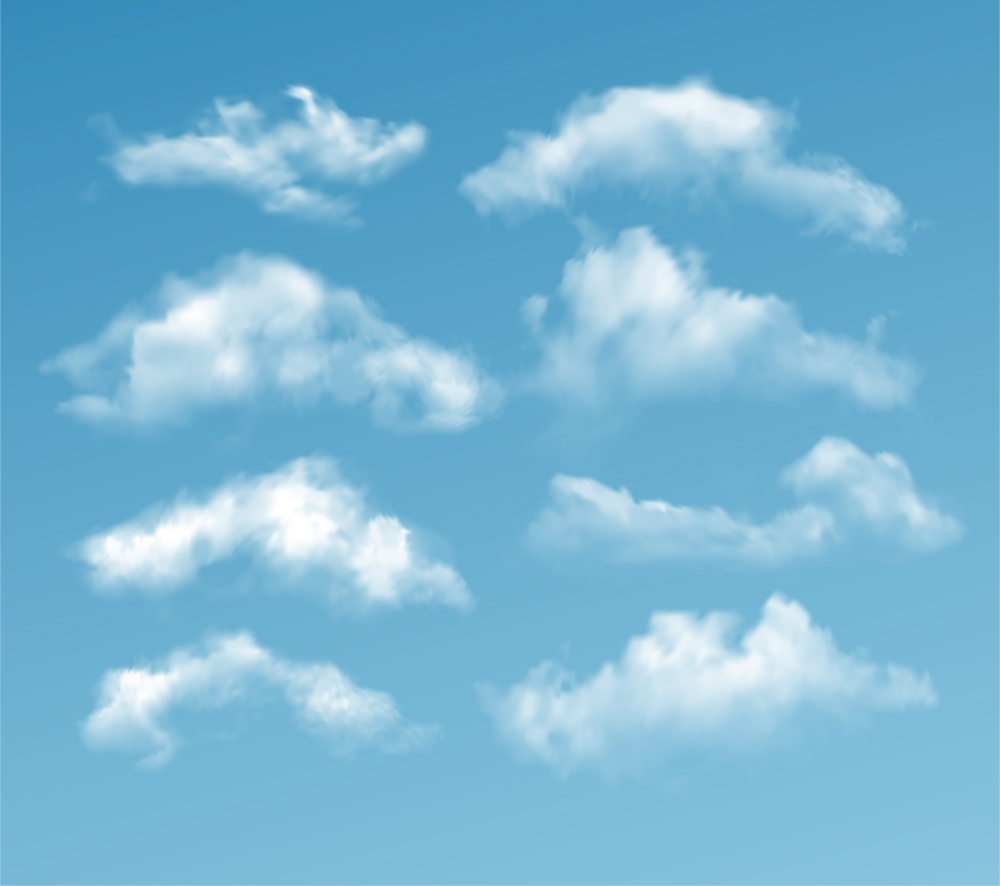 Set of transparent different clouds isolated on blue background. Real transparency effect. Vector illustration EPS10. Set of transparent different clouds isolated on blue background. Real transparency effect. Vector illustration