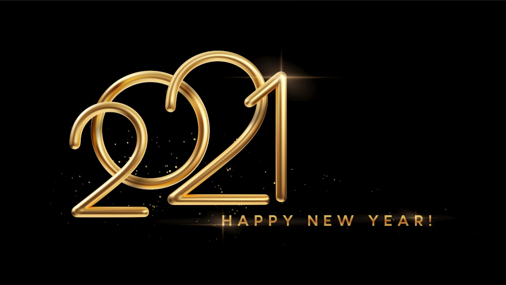 Realistic gold metal inscription 2021. Gold calligraphy New Year lettering on the black background. Design element for advertising poster, flyer, postcard. Vector illustration EPS10. Realistic gold metal inscription 2021. Gold calligraphy New Year lettering on the black background. Design element for advertising poster, flyer, postcard. Vector illustration