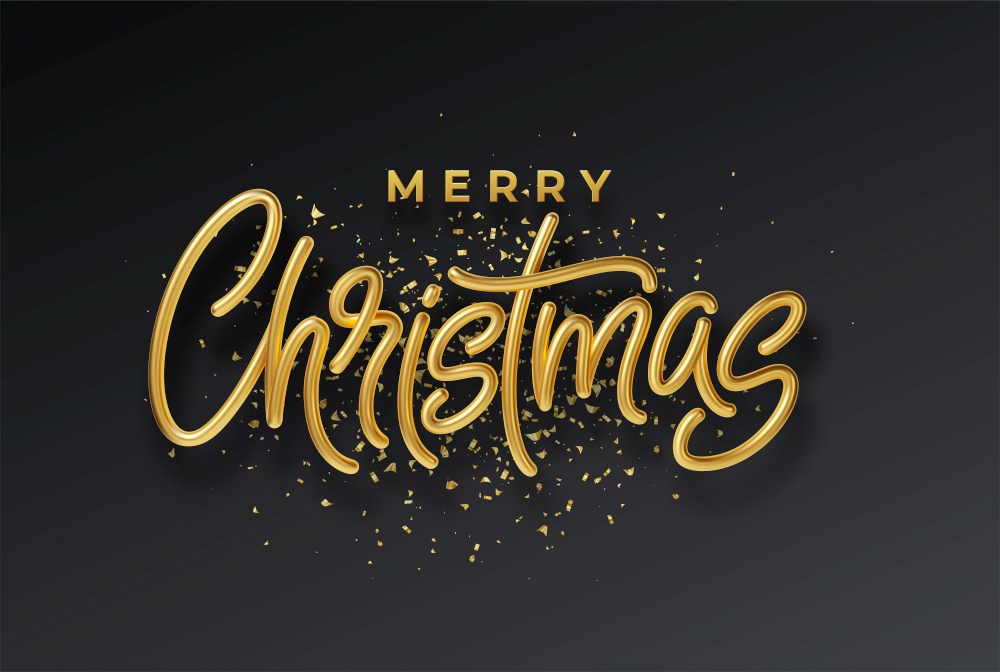 Golden shiny realistic 3d inscription Merry Christmas isolated on black background. Vector illustration EPS10. Golden shiny realistic 3d inscription Merry Christmas isolated on black background. Vector illustration