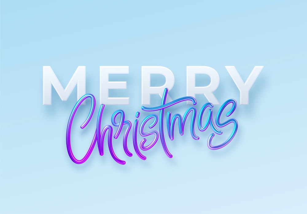 Realistic 3d inscription Merry Christmas isolated on. Hologram shiny blue and pink lettering. Vector illustration EPS10. Realistic 3d inscription Merry Christmas isolated on. Hologram shiny blue and pink lettering. Vector illustration