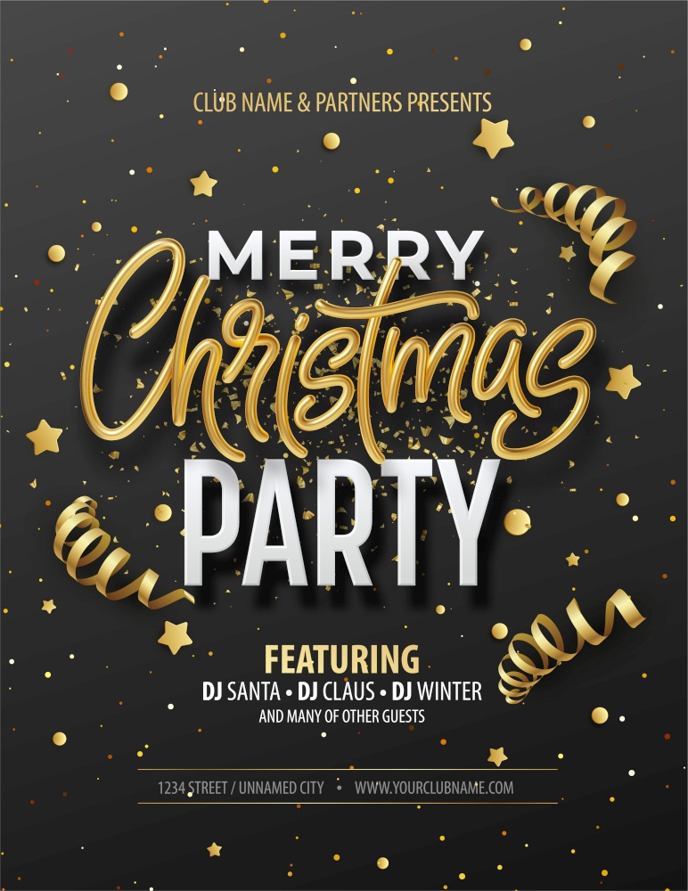 Elegant Christmas Poster Template with Shining Gold lettering Merry Christmas. Vector illustration EPS10. Elegant Christmas Poster Template with Shining Gold lettering Merry Christmas. Vector illustration