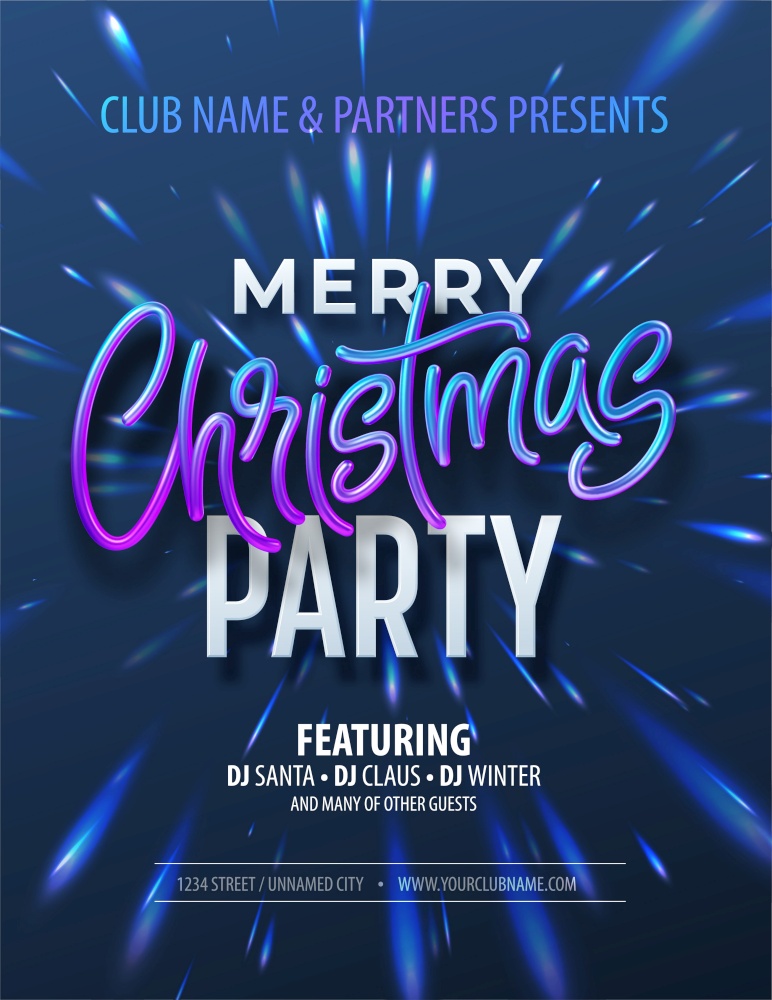 Poster Merry Christmas party with holographic inscription on Christmas Fong with iridescent reflections. Vector illustration EPS10. Poster Merry Christmas party with holographic inscription on Christmas Fong with iridescent reflections. Vector illustration