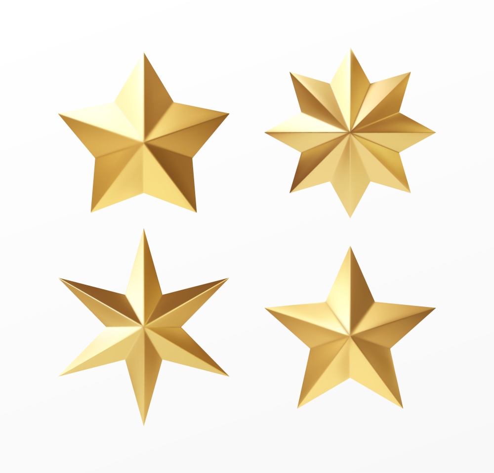 Set of golden realistic stars with different rays isolated on a white background. Vector illustration EPS10. Set of golden realistic stars with different rays isolated on a white background. Vector illustration