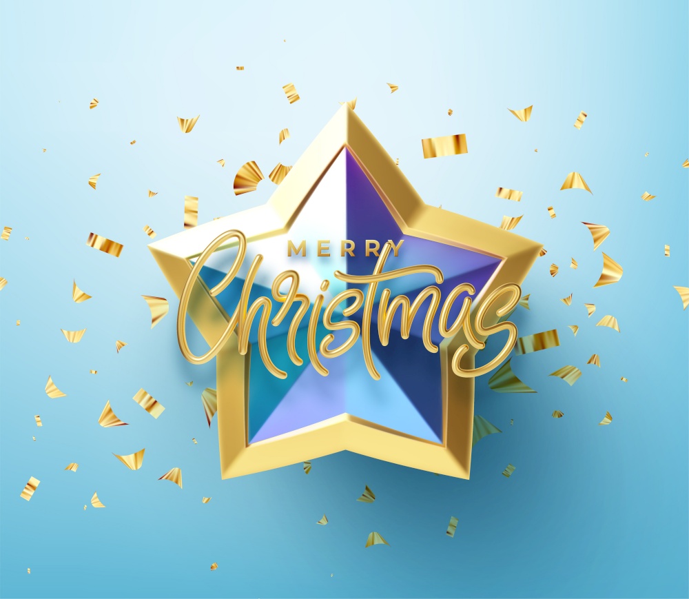 Realistic shiny 3D golden inscription Merry Christmas on a blue gold star background. Vector illustration EPS10. Realistic shiny 3D golden inscription Merry Christmas on a blue gold star background. Vector illustration