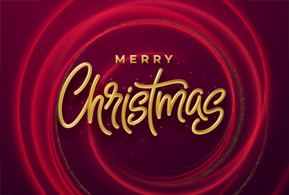 Realistic shiny 3D golden inscription Merry Christmas on a background with red bright waves. Vector illustration EPS10. Realistic shiny 3D golden inscription Merry Christmas on a background with red bright waves. Vector illustration