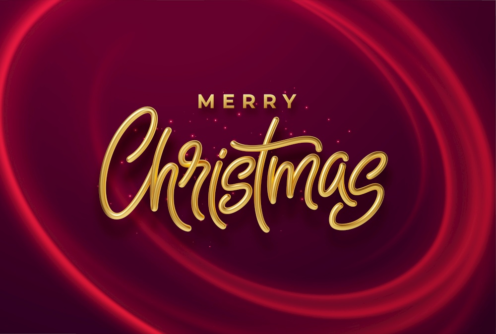 Realistic shiny 3D golden inscription Merry Christmas on a background with red bright waves. Vector illustration EPS10. Realistic shiny 3D golden inscription Merry Christmas on a background with red bright waves. Vector illustration