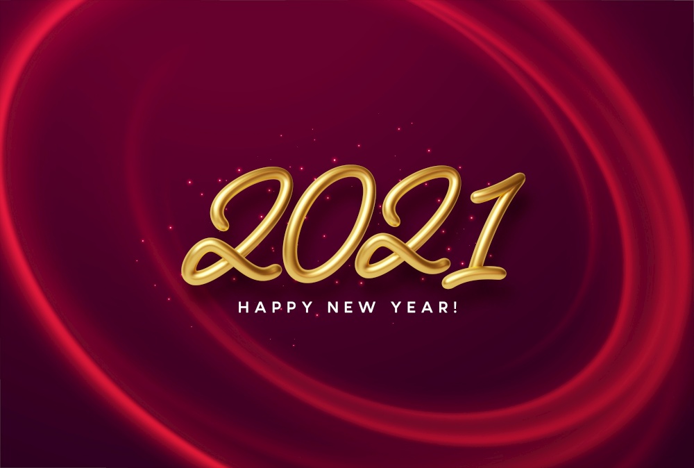 Realistic shiny 3D golden inscription 2021 happy new year on a background with red bright waves. Vector illustration EPS10. Realistic shiny 3D golden inscription 2021 happy new year on a background with red bright waves. Vector illustration