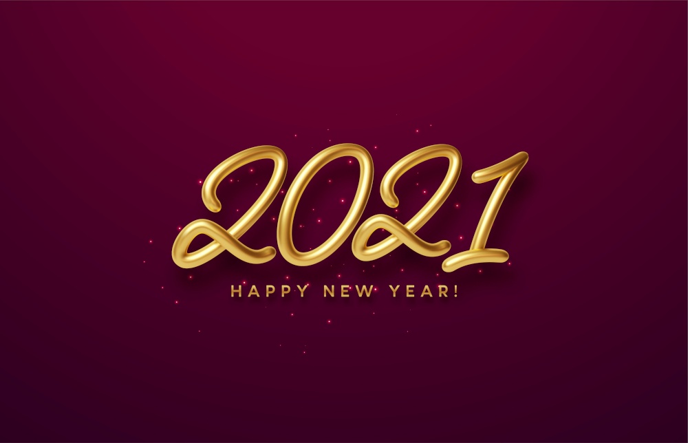 Realistic shiny 3D golden inscription Merry Christmas on a background with red bright waves. Vector illustration EPS10. Realistic shiny 3D golden inscription 2021 happy new year on a with red background. Vector illustration
