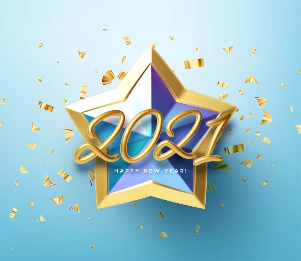 Realistic shiny 3D golden inscription 2021 Happy New Year on a blue gold star background. Vector illustration EPS10. Realistic shiny 3D golden inscription 2021 Happy New Year on a blue gold star background. Vector illustration