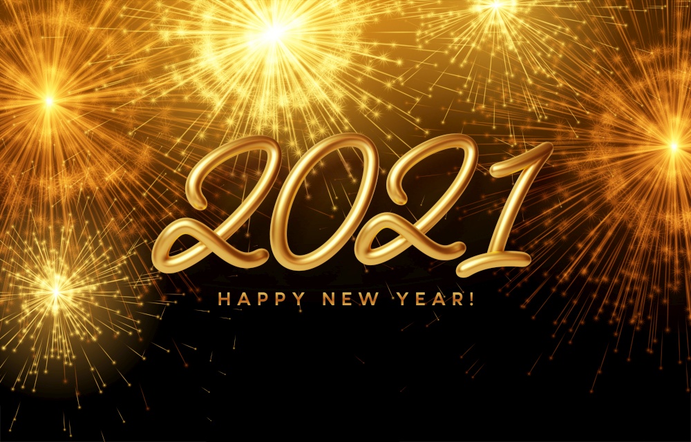 2021 Happy New Year golden shiny inscription on the background with bright burning fireworks. Vector illustration EPS10. 2021 Happy New Year golden shiny inscription on the background with bright burning fireworks. Vector illustration