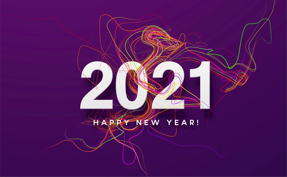 2021 white inscription on the purple background of red wave smoke. Vector illustration EPS10. 2021 white inscription on the purple background of red wave smoke. Vector illustration