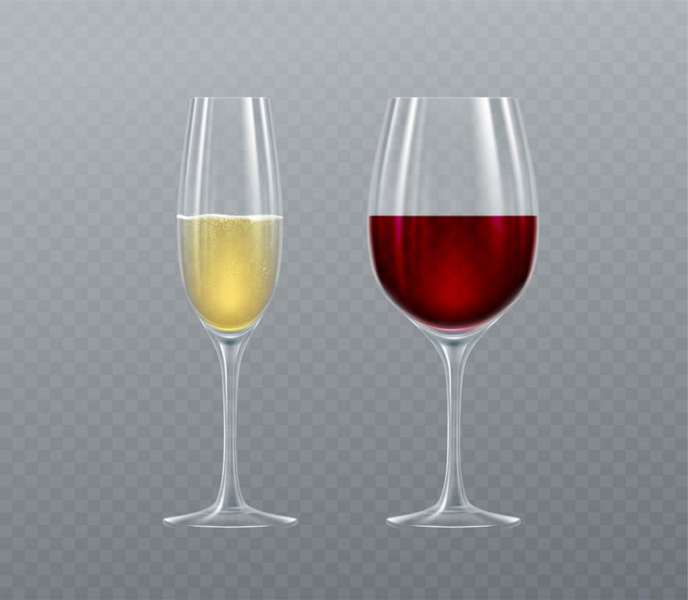 Realistic glasses of Champagne and Wine isolated on a transparent background. Vector illustration EPS10. Realistic glasses of Champagne and Wine isolated on a transparent background. Vector illustration
