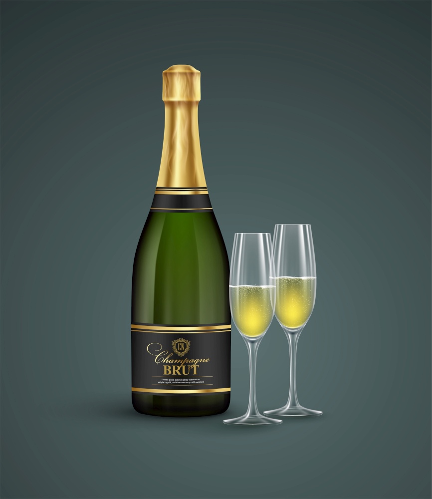Realistic bottle and glasses of champagne isolated on a transparent background. Vector illustration EPS10. Realistic bottle and glasses of champagne isolated on a transparent background. Vector illustration