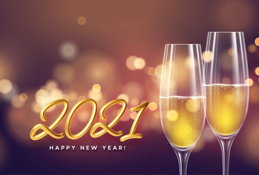 2021 New Year background with a bottle and glasses of champagne and glowing bokeh light. Vector illustration EPS10. 2021 Golden lettering New Year background with a bottle and glasses of champagne and glowing bokeh light. Vector illustration