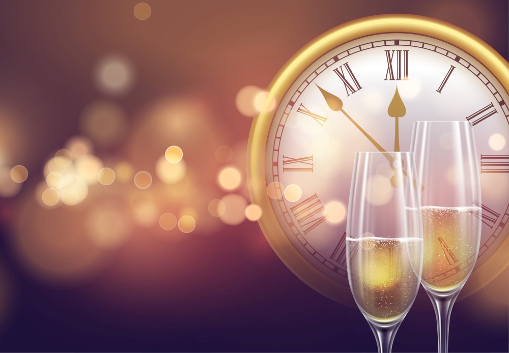 2021 New Year background with a clock and glasses of champagne and glowing bokeh light. Vector illustration EPS10. 2021 New Year background with a clock and glasses of champagne and glowing bokeh light. Vector illustration