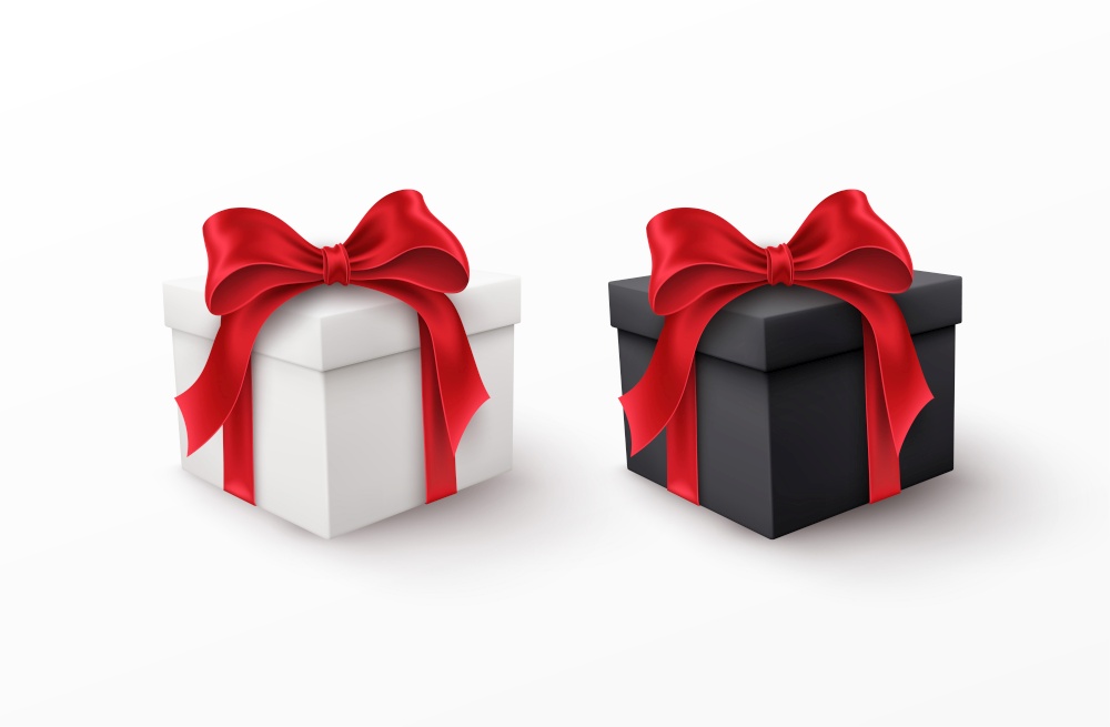 White and Black gift box with red silk bow isolated on a white background. Vector illustration EPS10. White and Black gift box with red silk bow isolated on a white background. Vector illustration