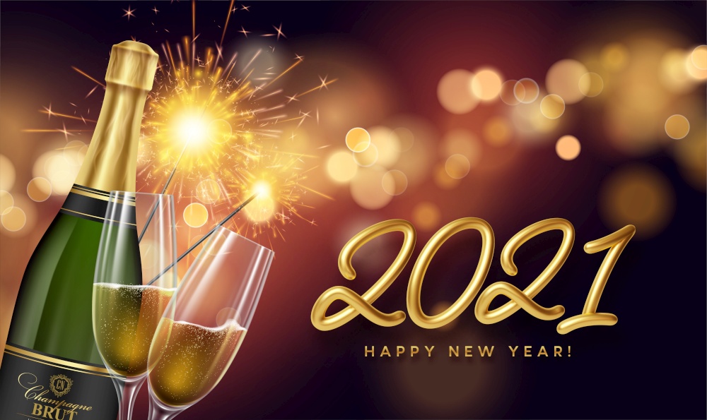 2021 New Year background with a bottle and glasses of champagne and glowing bokeh light. Vector illustration EPS10. 2021 Golden lettering New Year background with a bottle and glasses of champagne and glowing bokeh light. Vector illustration