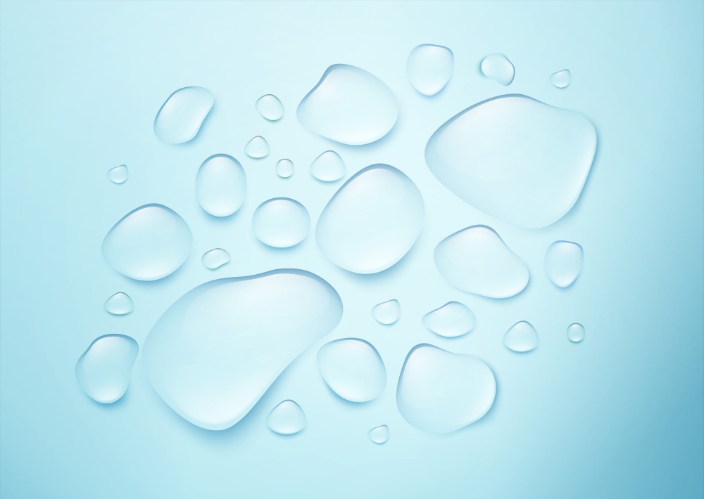 Realistic drops of pure water on a blue background. The real effect of transparency. Vector illustration EPS10. Realistic drops of pure water on a blue background. The real effect of transparency. Vector illustration