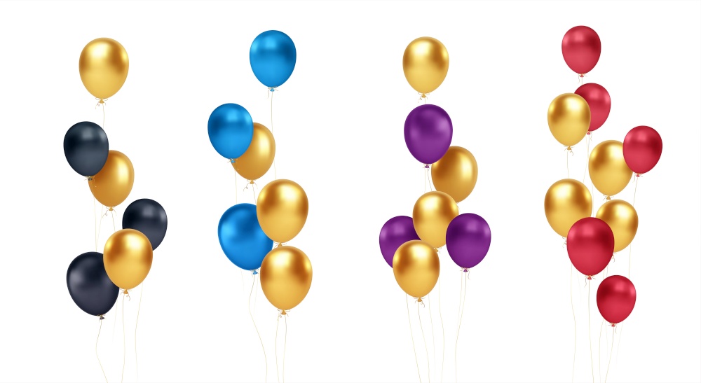 Set of festive bouquets of gold, blue, red, black and purple balloons isolated on white background. Vector illustration EPS10. Set of festive bouquets of gold, blue, red, black and purple balloons isolated on white background. Vector illustration