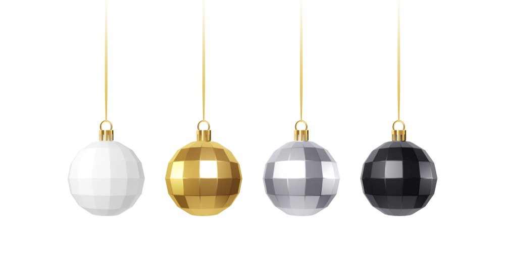 Set of golden, white, siver and black realistic christmas decorations isolated on white background. Vector illustration EPS10. Set of golden, white, siver and black realistic christmas decorations isolated on white background. Vector illustration