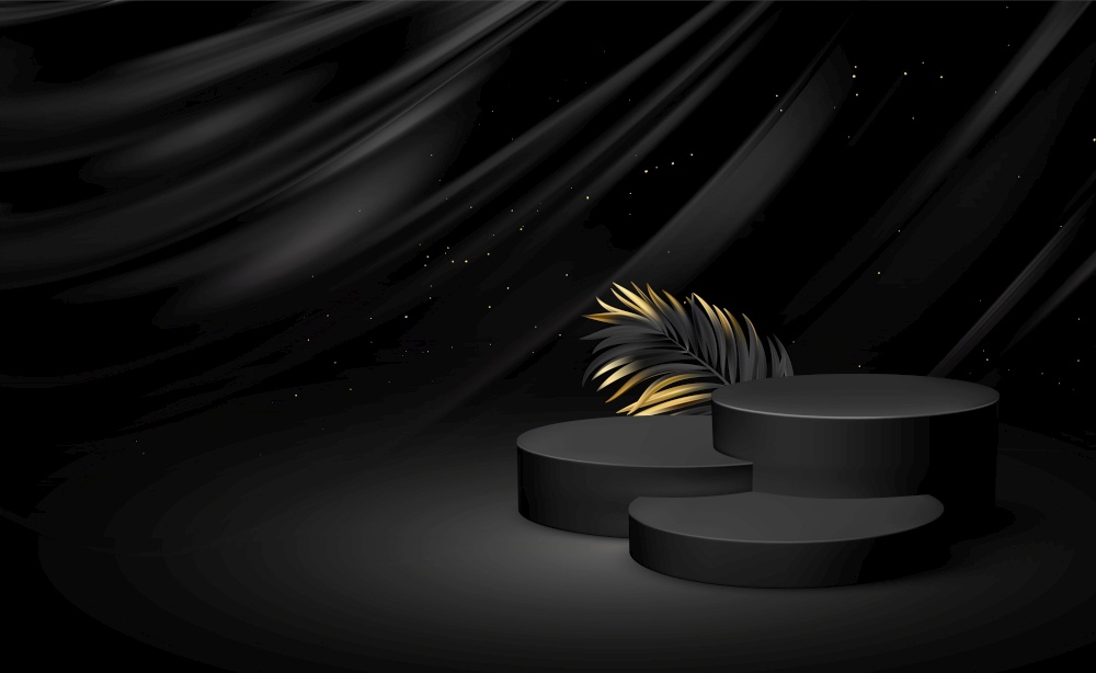 3d realistic black pedestal on a black silk background with golden elements palm leaves. Empty space design luxury mockup scene for product. Vector illustration EPS10. 3d realistic black pedestal on a black silk background with golden elements palm leaves. Empty space design luxury mockup scene for product. Vector illustration