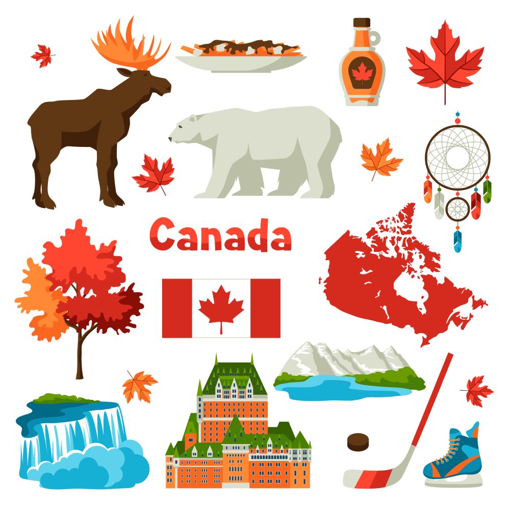Canada icons set. Canadian traditional symbols and attractions.. Canada icons set.
