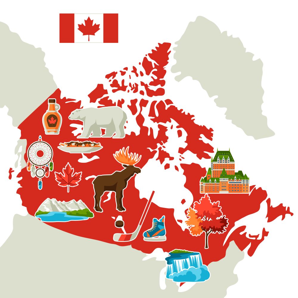Illustration of Canada map. Canadian traditional symbols and attractions.. Illustration of Canada map.