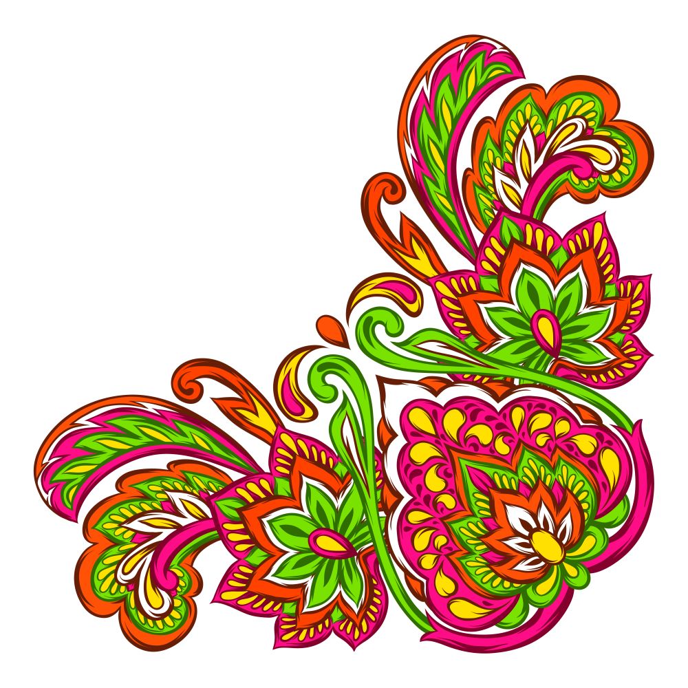 Indian ethnic decorative element. Ethnic folk ornament. Hand drawn lotus flower and paisley.. Indian ethnic decorative element.