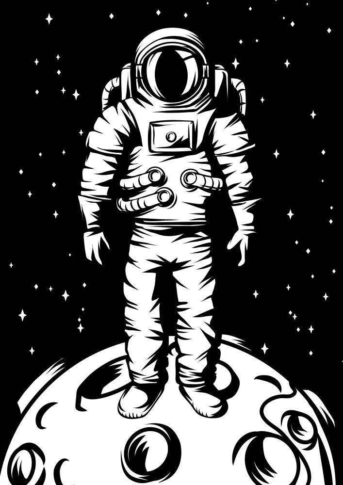 Illustration of astronaut on moon. Spaceman in suit. Cosmonaut in outer space.. Illustration of astronaut on moon.
