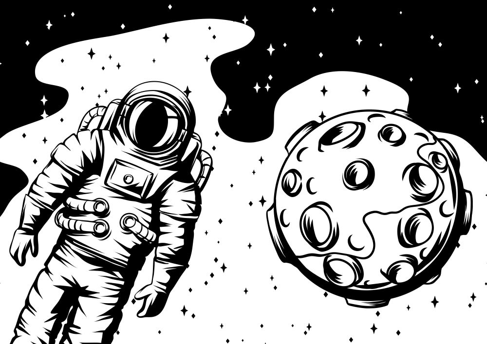 Illustration of astronaut with moon. Spaceman in suit. Cosmonaut in outer space.. Illustration of astronaut with moon.