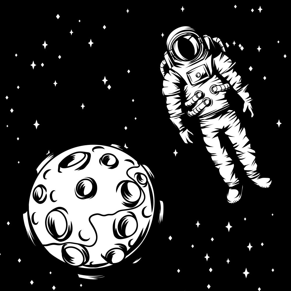 Illustration of astronaut with moon. Spaceman in suit. Cosmonaut in outer space.. Illustration of astronaut with moon.