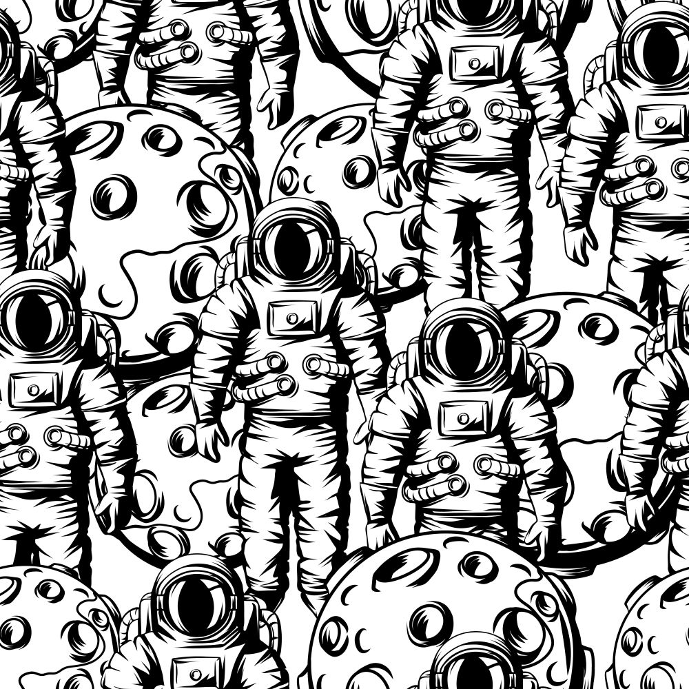 Seamless pattern of astronauts and moons. Spacemen in suit. Cosmonauts in outer space. Satellite with craters.. Seamless pattern of astronauts and moons.