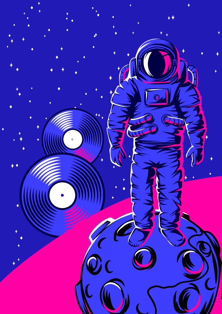 Illustration of astronaut on moon. Rock and roll or disco music print. Rock festival poster.. Illustration of astronaut on moon.