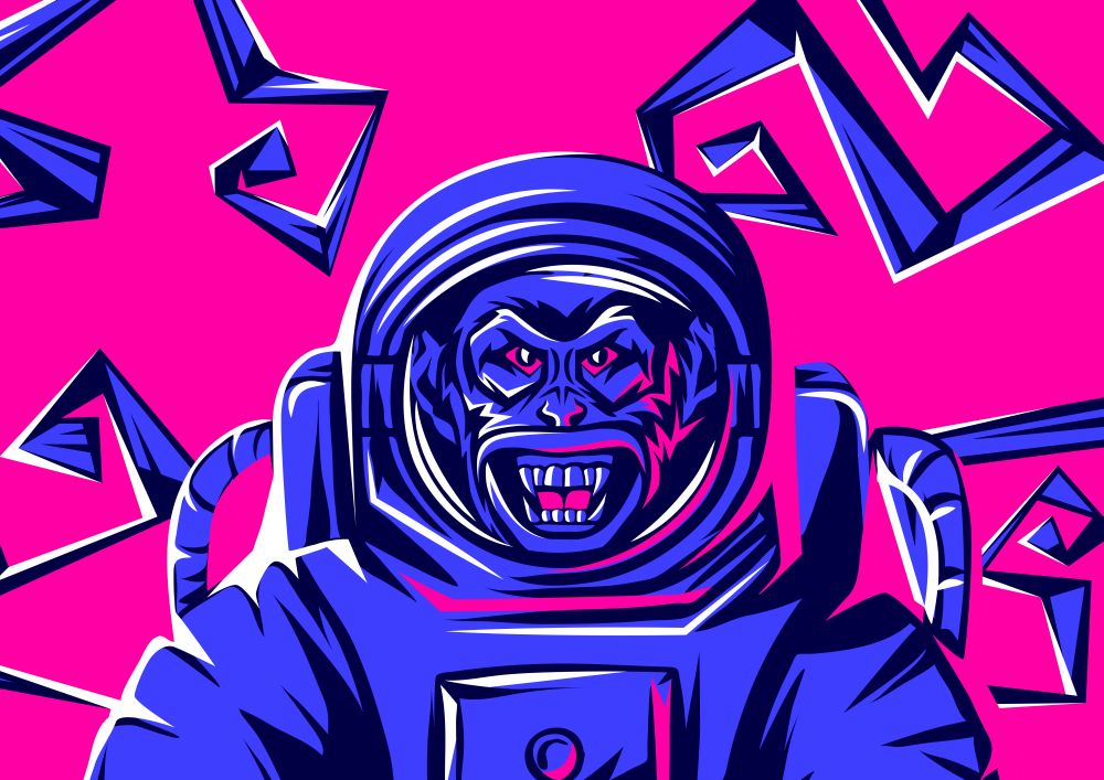 Angry monkey head in spacesuit. Rock and roll or disco music print. Rock festival poster.. Angry monkey head in spacesuit.
