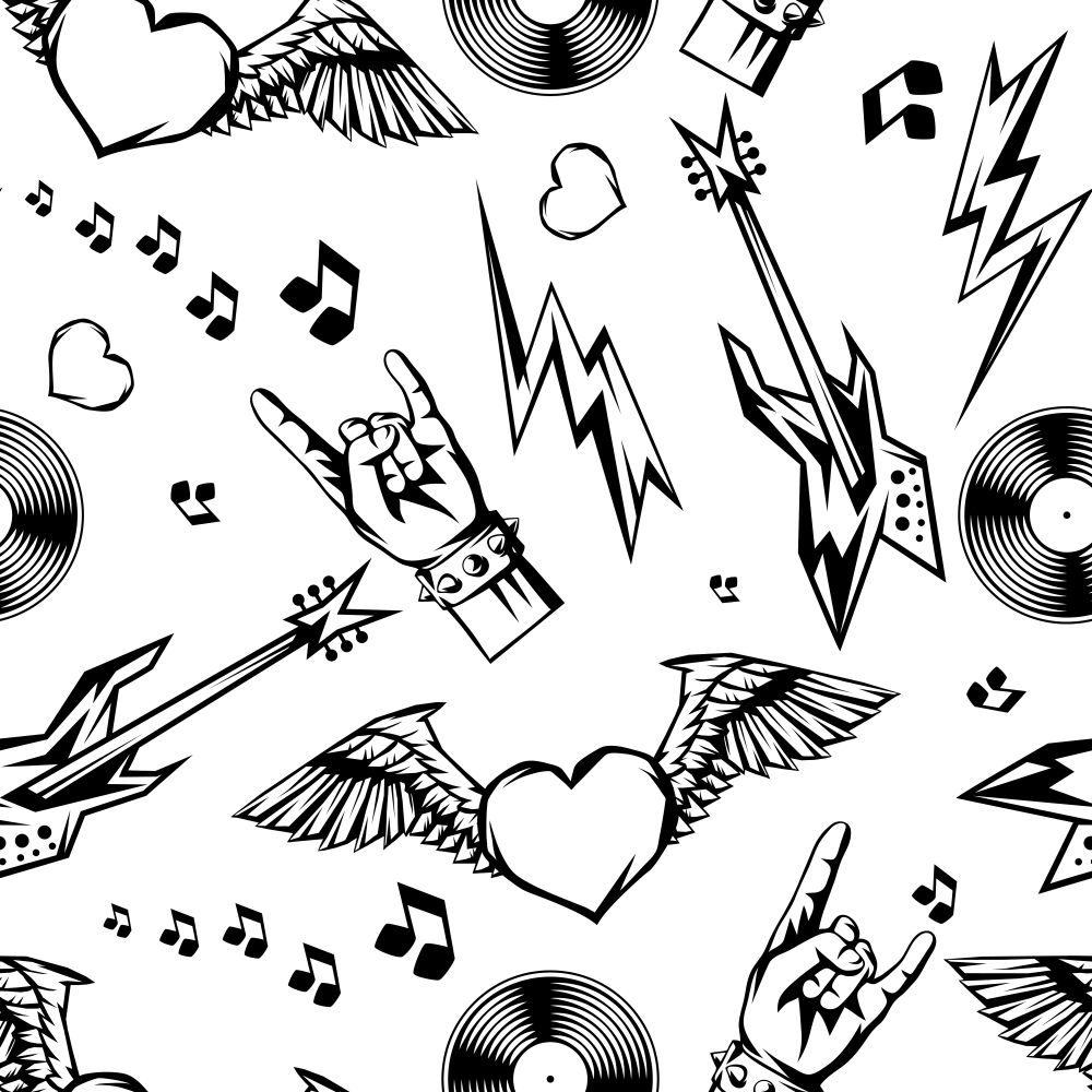 Rock and roll music seamless pattern. Rock festival ornament. Vintage background with musical items.. Rock and roll music seamless pattern.