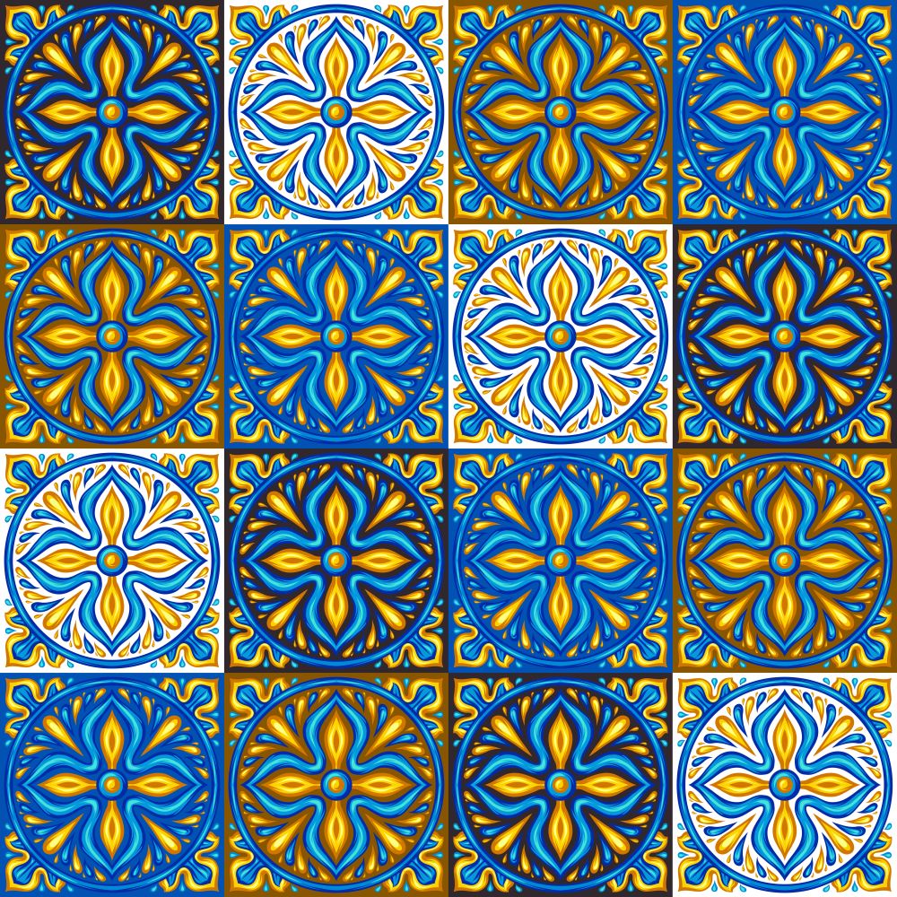 Moroccan ceramic tile seamless pattern. Ethnic floral motifs. Mediterranean traditional folk ornament. Portuguese azulejo, mexican talavera or spanish majolica.. Moroccan ceramic tile seamless pattern.