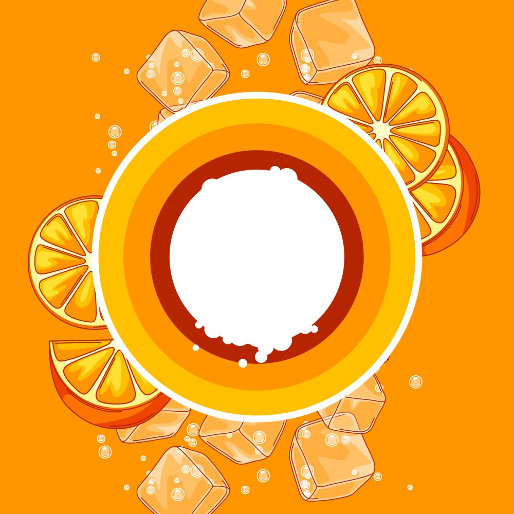 Background with oranges. Ice cubes and soda bubbles. Fresh healthy juice. Delicious flavored cold drink. Stylized citrus fruits whole and slices.. Background with oranges. Ice cubes and soda bubbles.
