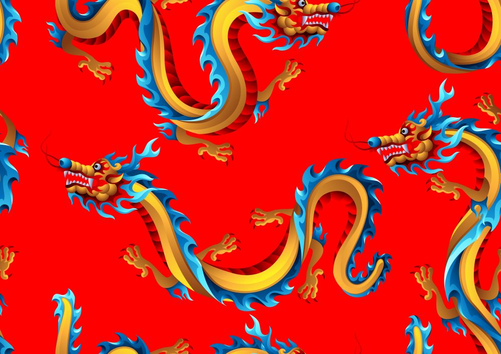 Seamless pattern with Chinese dragons. Traditional China symbol. Asian mythological color animals.. Seamless pattern with Chinese dragons.